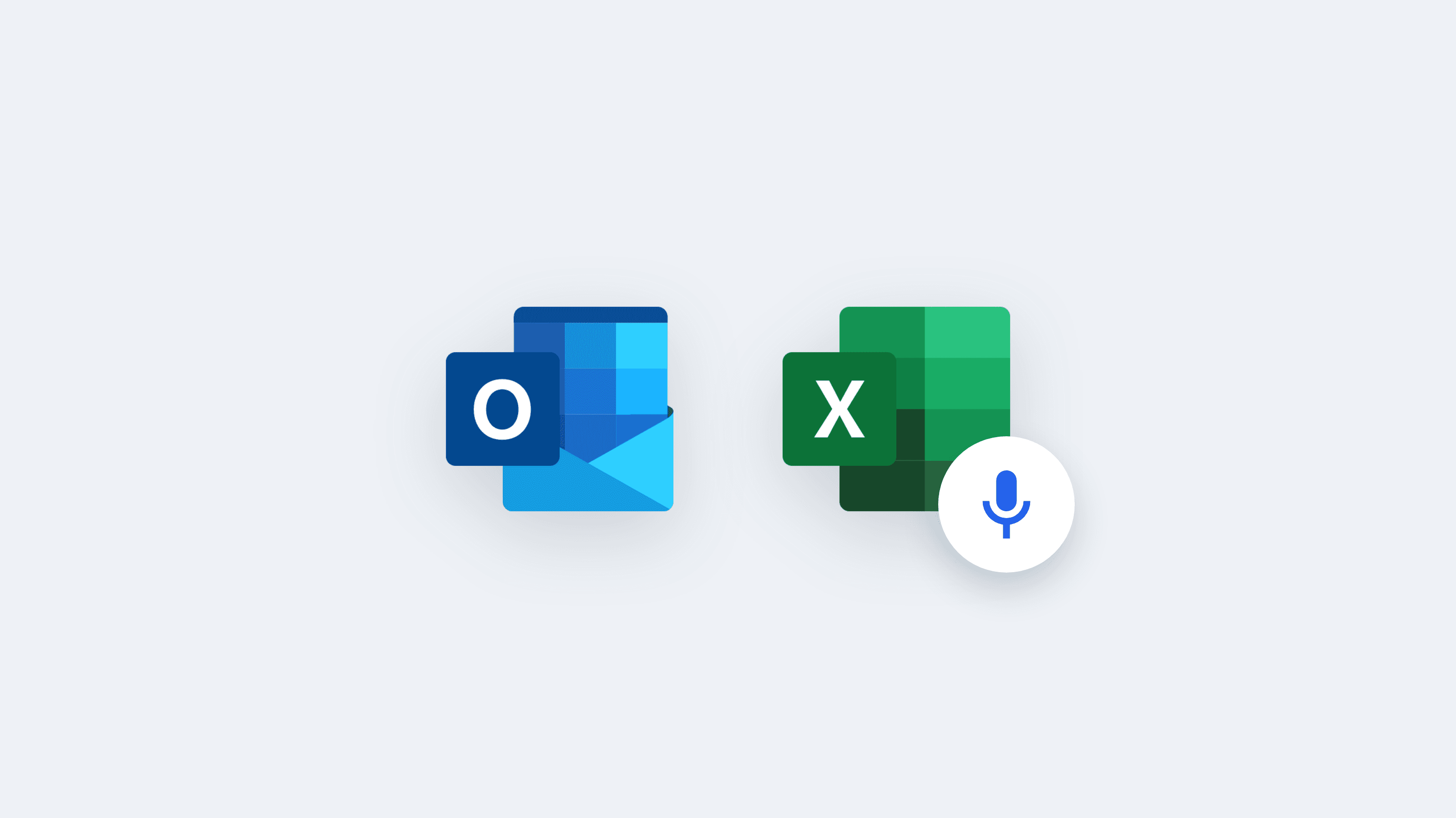 The Microsoft Outlook and Excel icons with a microphone badge, dictating by voice inside Office