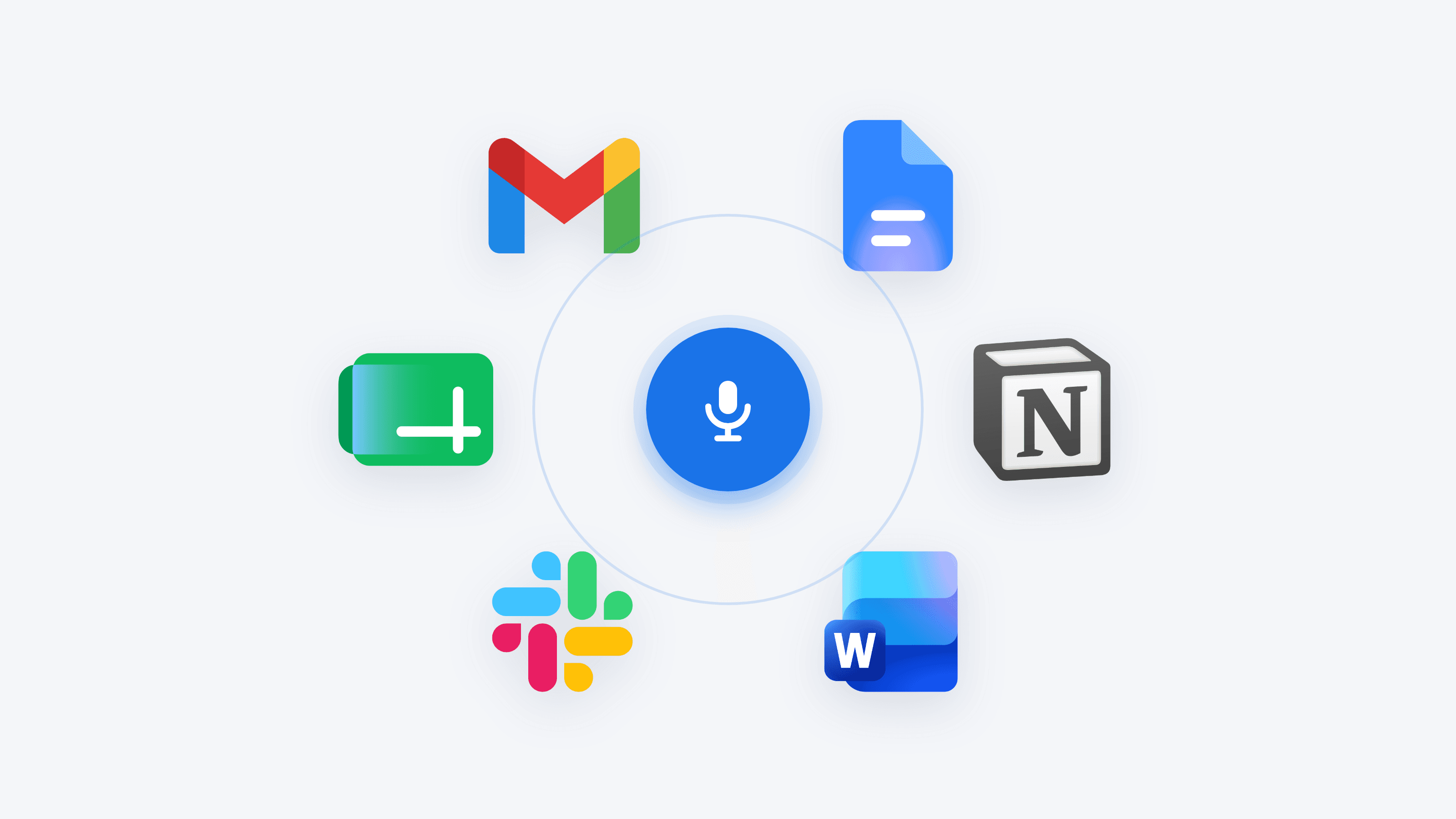 A microphone surrounded by the icons of Gmail, Google Docs, Sheets, Notion and Slack, one voice input for every app